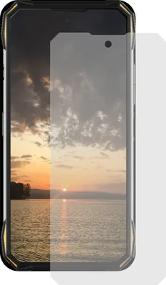 A screen protector is shown placed over a smartphone screen displaying a sunset over a body of water.