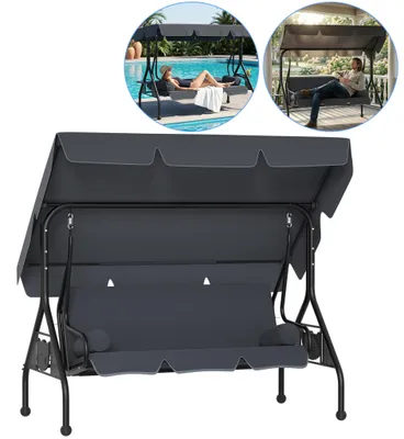 Image de Balançoire de jardin CEEDIR 3 places avec fonction allongée, balançoire de jardin avec auvent, 2 coussins, 2 tablettes, structure en acier pouvant supporter jusqu'à 350 kg, anthracite