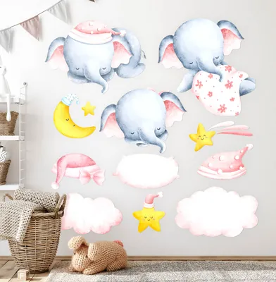 Produktbild von Pastell-Wolkenelefanten – Wandgestaltung – Wandbilder Kinder – Motivtapeten Set – Wanddekor Kinderzimmer – Selbstklebende Wandsticker – 100x152 cm