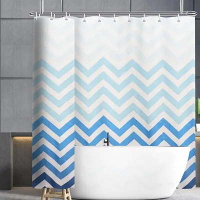 Produktbild von Extra breiter Duschvorhang aus Stoff (240 x 240 cm), waschbar, blau-weißes Zickzackmuster, Badvorhang für Badezimmer und Badewanne, 240 cm breit x 240 cm hoch