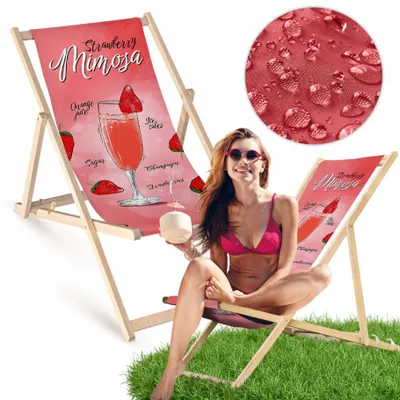 Produktbild von Liegestuhl klappbar aus Holz mit Strawberry-Mimosa Motiv – Klappstuhl Klappliege Sonnenstuhl Strandstuhl Gartenliege