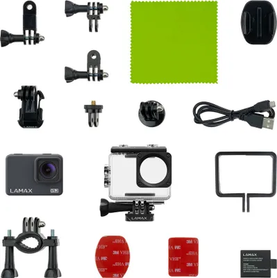 A collection of action camera accessories and the camera itself, laid out on a white background.