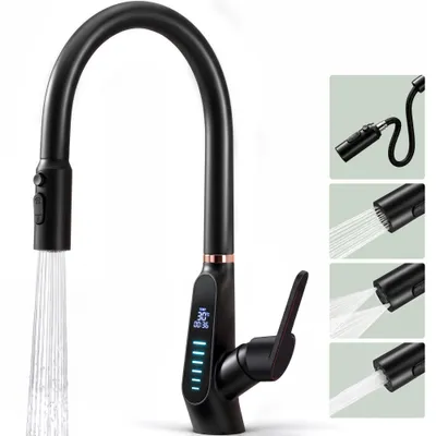 Produktbild von Mai & Mai Wasserhahn Küche Küchenamatur ausziehbar 360° drehbar 3 Wasserstrahl-Modi LED-Digitalanzeige Küchenwasserhahn Spültischarmatur Schwarz 8085