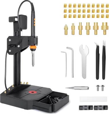 A product shot of a vertical soldering iron stand with various accessories.