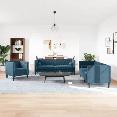 Image de vidaXL Ensemble de 3 canapés Chesterfield avec traversins Bleu Velours