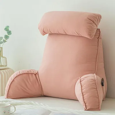Zdjęcie produktu dla Poduszka lędźwiowa z podparciem dla kręgosłupa i podłokietnikami, o wymiarach 75x40x50 cm, z okrągłą poduszką, idealna do łóżka i sofy