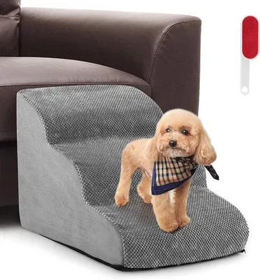 Produktbild von Famanu Hundetreppe mit 3 Stufen - Weiche und sichere Haustiertreppe für Hunde und Katzen - Waschbarer Bezug - Grau
