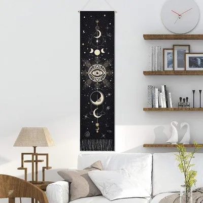 Productafbeelding van Ibenzoa® Wandtapijt met maanfasen en bloemen – Boheemse wanddecoratie van katoen, 130 x 32,5 cm, zwart/wit, geschikt voor slaapkamer en woonkamer