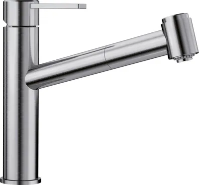 A stainless steel kitchen faucet with a pull-out spray head, shown against a white background.