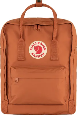 A close-up front view of a brown Fjällräven Kånken backpack.