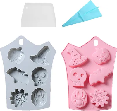Produktbild von 2 Stück Kürbisschädel-Spinnen- Und Hexenhut-Formen Mit 6 Mulden Für Die Herstellung Von Süßigkeiten, Schokolade, Snacks, Hallween-Kuchenbacken