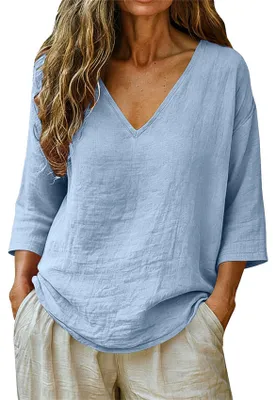 Produktbild von ASKSA Damen T-Shirt V-Ausschnitt 3/4 aermel Sommer Leinenbluse Musselin Bluse Einfarbig Casual Lose Basic Oberteile (Blau,S)