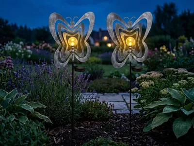 Produktbild von 2er Set LED Solar Gartenstecker mit Schmetterlingen in Silber-Grau, Höhe 83cm