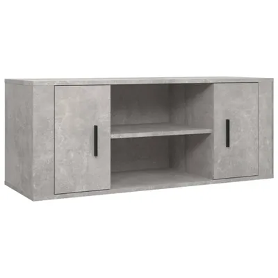 A TV stand with two doors and two open shelves in the middle, shown against a white background.
