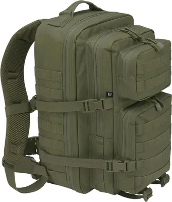 A side view of an olive green backpack.