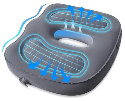 Productafbeelding van Opblaasbaar zitkussen, grijs, 48*36*10 cm, orthopedisch, ergonomisch, met opening, voor het ontlasten van het stuitje.