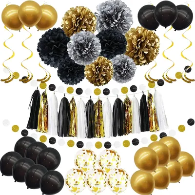 Produktbild von Ballons Gold Schwarz Party Dekoration Set 57 Stück Schwarz Gold Party Deko Luftballons DIY Party Papier Pompoms Blumen Papier Girlande für Party