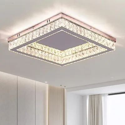 Zdjęcie produktu dla Kwadratowa lampa sufitowa z kryształem, 45 cm, możliwość regulacji jasności, temperatura barw 3000-6500K | 56W, zintegrowane diody LED, regulacja jasności od 5% do 95%, pilot i aplikacja, funkcja nocnej lampki, timer i pamięć ustawień, idealna do salonu i sypialni
