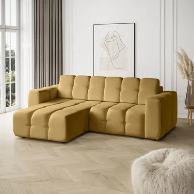 Obrázek produktu pro BEAUTYSOFA | Rohová pohovka BONA 253 cm – rohová pohovka s funkcí spaní a úložným prostorem – žlutá