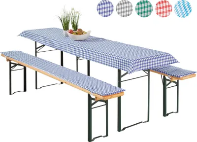 Produktbild von heimtexland ® Auflagen Set 3-teilig für Bierzeltgarnitur 2x Polster Auflage Bierbank 1x Tischdecke Vichy Karo Garten Tischdeko Typ331 blauTischmass 50x220 cm