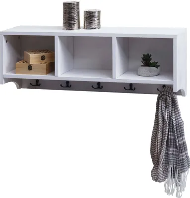 Obrázek produktu pro Nástěnná police HWC-K49, věšák na kabáty nástěnný věšák police, 3 úložné prostory 5 háčků 30x80x20cm dřevo  bílá, ošuntělá