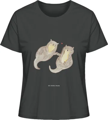 Produktbild von Mr. & Mrs. Panda Baumwoll T-Shirt Damen Otter Hände halten Größe M - Anthrazit - Geschenk, Oberteil, Liebe, Seeotter, Damenshirt, shirt, Verliebt, Romantisch, Paar, Basic