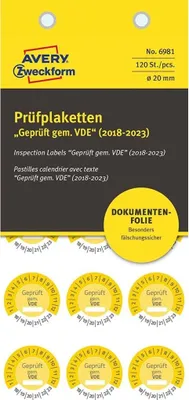 Produktbild von 120x skúšobné odznaky Testované podľa VDE 2018-2023 20mm žltá fólia