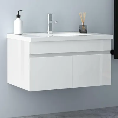 Produktbild von Waschtisch mit Unterschrank 80cm BERGEN Badmöbel Set Hochglanz Weiß Waschbecken mit Unterschrank MDF Softclose