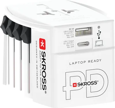 Immagine prodotto di SKROSS 80165 World Adapter MUV USB AC30PD, bianco - Innovativo adattatore da viaggio universale a 2 poli con doppio caricatore USB integrato (1x USB-C e 1x USB)