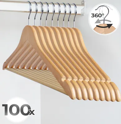 Produktbild von Jago® Bügel aus Holz -  im 100er, inkl. Hosensteg und Schlaufenkerben, Haken 360 Grad drehbar - Kleiderbügel, Holzkleiderbügel, Garderobenbügel, Wäschebügel