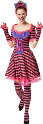 A woman in a Cheshire Cat costume posing against a white background.