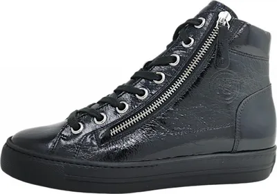 A black high-top sneaker with a side zipper.