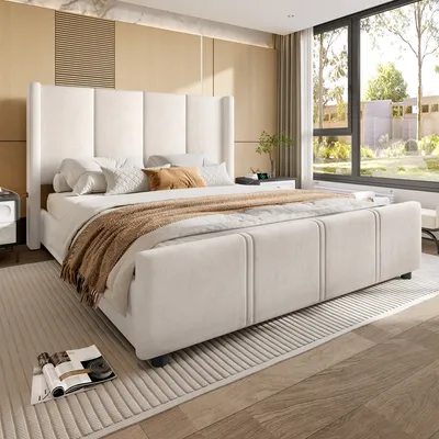 Produktbild von Abrihome Polsterbett 140 x 200 cm mit USB-Anschluss, Doppelbett Jugendbett mit Lattenrost, hohes Kopf- und Fußteil, Beige