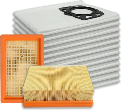 A stack of white vacuum cleaner bags and two air filters are displayed against a white background.