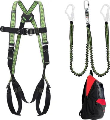 Produktbild von Kratos Gerüstbauer Sicherheitsset, Fallschutz-Set mit Kratos Zweipunktauffanggurt EN361, Y-Bandfalldämpfer EN355, Rucksack, PSA,