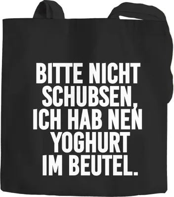 Produktbild von Jutebeutel Spruch Bitte nicht schubsen ich habe einen Yoghurt im Beutel Baumwolltasche Stoffbeutel Tragetasche Moonworks® schwarz 2 lange Henkel
