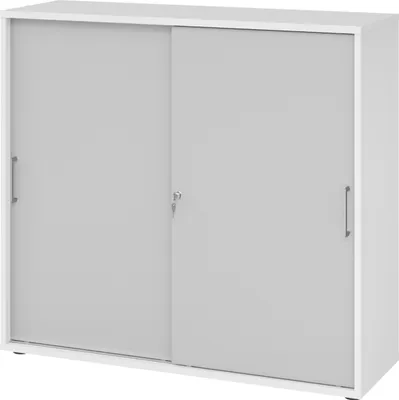Produktbild von bümö Schiebetürenschrank office - 3 Ordnerhöhen - Griff: Bügelgriff (Metall), Nachbildung: Weiß/Grau