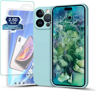 Produktbild von Hülle für iPhone 14 Pro mit 9H Displayglas Displayschutz Plus Case Cover Bumper Silikon Softgrip Schutzhülle Farbe: Hellblau