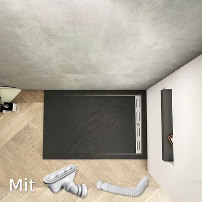 Produktbild von 90x100x3cm Rechteck/Quadrat Duschtasse Schwarz Stein-Effekt Duschwanne mit Ablaufgarnitur Brausewanne Für Duschkabine