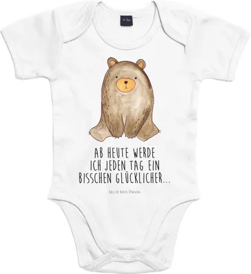 Produktbild von Mr. & Mrs. Panda Strampler Baby Bär sitzend 3. - 6. Monat - Heather Grey - Geschenk, Einteiler, babykleidung body, overall, Teddy, Babybody