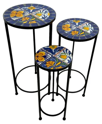 Produktbild von AXI Lola Mosaik Pflanzentisch rund im Mediterranen Stil Blau/Gelb Set 3 Stück | Pflanztisch aus Metall mit eingelegten keramischen Mosaikfliesen | Gartentisch für Pflanzen