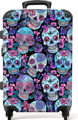 Produktbild von NoBoringSuitcases.com® Großer Koffer - Totenkopf - Rosen - Blumen - Blau - Rosa - Totenkopf - Totenkopf - Kombinationsschloss TSA - Hartschalen Trolley 4 Rollen - 72 liter - Reisekoffer - 66 cmKoffer Mittelgroß 67x43x25 cm, 72L,