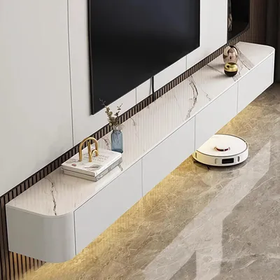 Immagine prodotto di Mobile TV sospeso, bianco, in legno, 140 cm. Mobile basso per TV, da appendere a parete