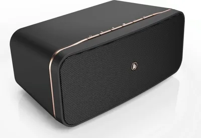 A black smart speaker with rose gold accents, shown on a white background.