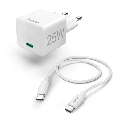 Immagine prodotto di Hama Schnellladegerät mit Ladekabel USB-C, Mini-Ladegerät, PD, 25W, 1,5 m, Weiß (00201624)