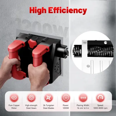 Produktbild von Elektrischer Wandhobel - 1200W Mauerschleifer - 26 Hartmetallklingen - 16 cm Hobelbreite - Einstellbare Tiefe - Staubarmes Arbeiten