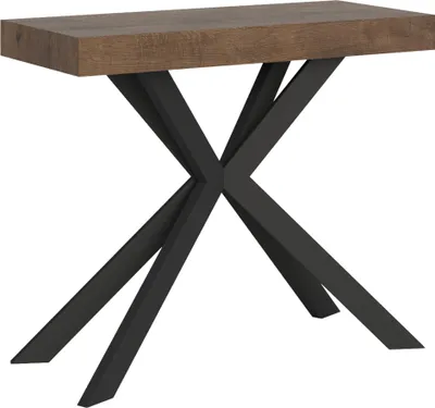 A console table with a wooden top and an X-shaped metal base.