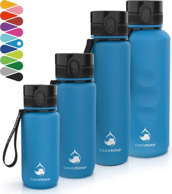 Four blue water bottles of varying sizes are displayed in a row against a white background. A small strip of colored swatches is visible on the left side of the image.