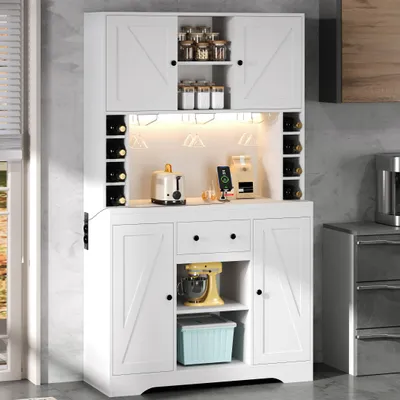 Produktbild von MODFU Küchenschrank Aufbewahrungsschrank mit Edelstahl-Weinglashalter Weinschrank Hochschrank mit LED-Beleuchtung und Steckdosen Schublade Sideboard mit Weinflaschenfächern Weiß