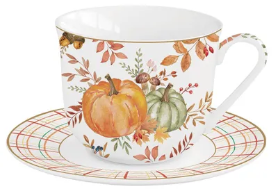 Productafbeelding van Koffiekop met schotel HARVEST Herfst met pompoenmotief, geschikt voor 370 ml, porselein, Easy Life collectie